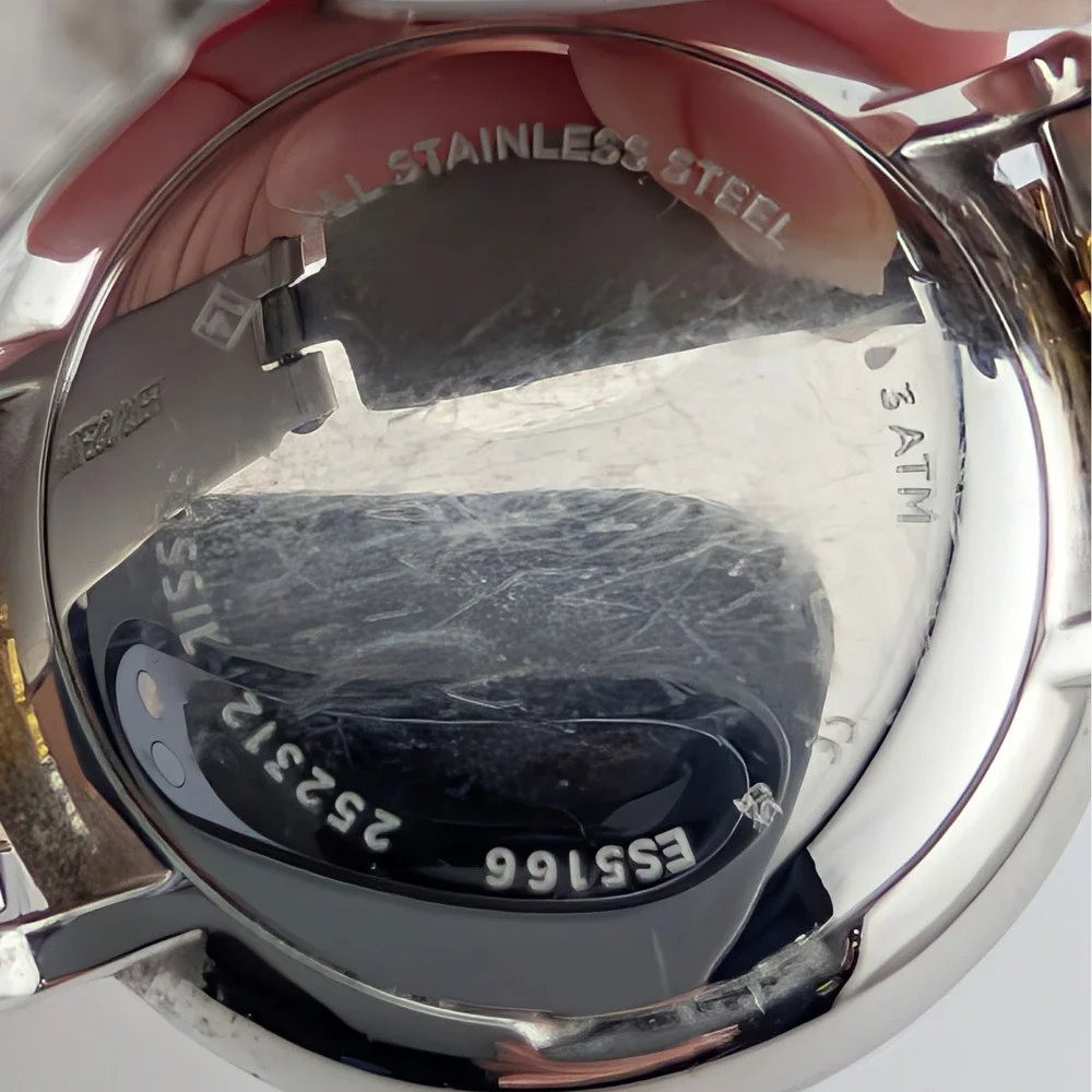 Fossil Jacqueline ES5166 Women's Watch Sun Moon MOP Dial Crystal Bezel Two-Tone